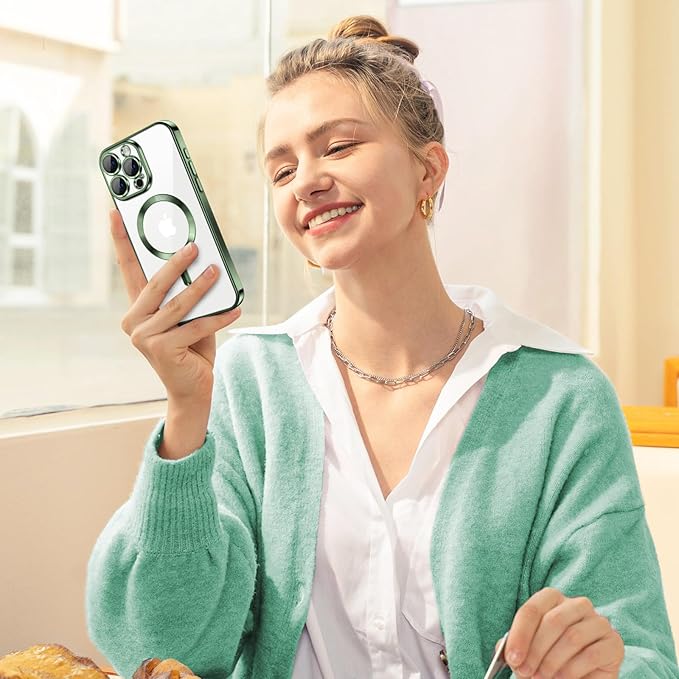 Hython Magnetic Clear for iPhone 15 Pro Case with Camera Lens Protector [Compatible with MagSafe] Luxury Plating Edge Slim Soft TPU Cover Protective Phone Case for iPhone 15 Pro 6.1", Deep Green