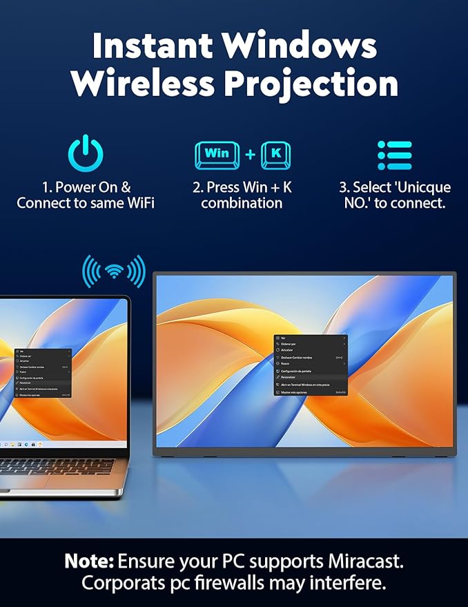 18.5" True Wireless Portable Monitor, 1080P FHD, 10000mAh Battery, Wireless Screen Mirroring (AirPlay/Miracast), Auto Rotation for Phone/Tablet, USB‑C & Mini HDMI, VESA, Protective Sleeve Included