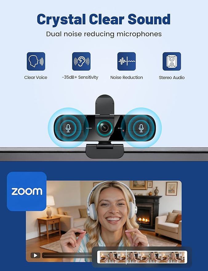 RUWBY UHD 4K Webcam with Built-in Dual Mics, Wide-Angle Lens, Privacy Cover, Tripod Stand, Autofocus Computer Camera, Plug and Play for Desktop PC or Laptop