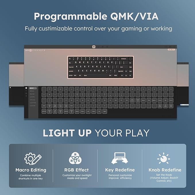 RK ROYAL KLUDGE R65 Wireless Mechanical Keyboard with Volume Knob, Tri-Mode 2.4G/USB-C/BT Gasket Mounted 60% Gaming Keyboard with 66Keys, PBT Keycaps, QMK/VIA, Hot Swappable Cream Switch, Blue