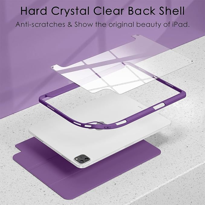 Soke Case for iPad Pro 12.9 Inch (6th/5th/4th/3rd Generation, 2022/2021/2020/2018) - Pencil Holder + Auto Sleep/Wake + Camera Protection, Transparent Shockproof Back Cover, Purple