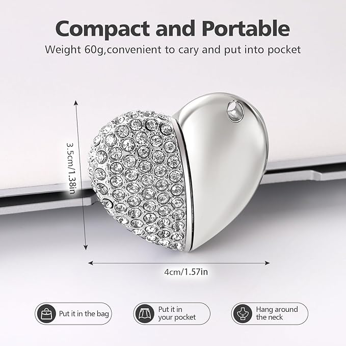 USB 2.0 Flash Drive,Cute Romantic Heart Shape USB Memory Stick,Thumb Drive for Photos, Music, Files Storage (Silver, 64, GB)