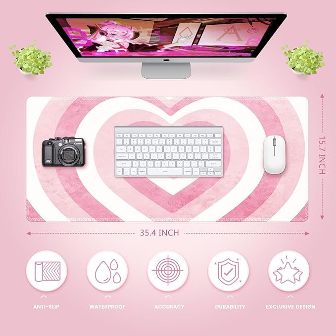 iLeadon Pink Desk Mat, XL Gaming Mouse Pad, Cute Heart Design - Perfect for Work, Gaming, Home. Rubber Base, Stitched Edges