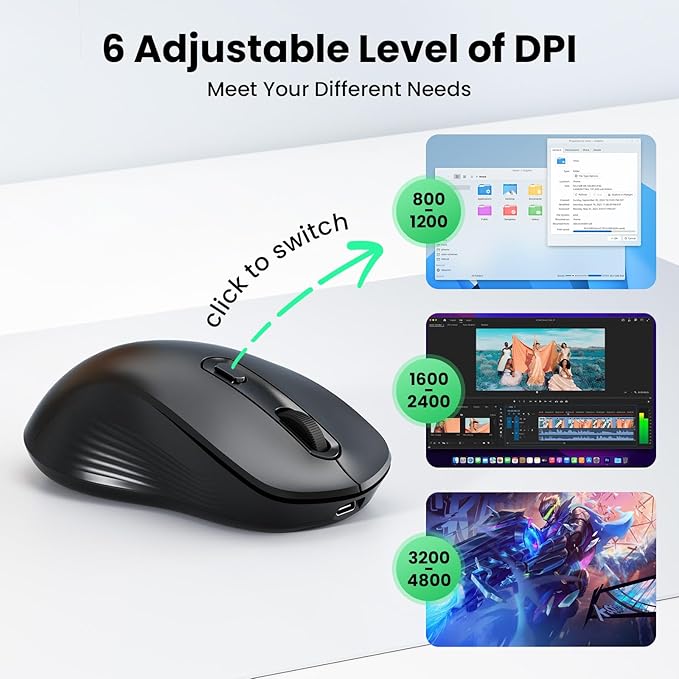 TECKNET Rechargeable Bluetooth Mouse, [ USB + BT5.0 + BT3.0 ] Wireless Mouse, Ergonomic Design, Silent Click, 6-Level 4800 DPI Wireless Mice, 3-Device Switching for Laptop, Computer, MacBook（Black）
