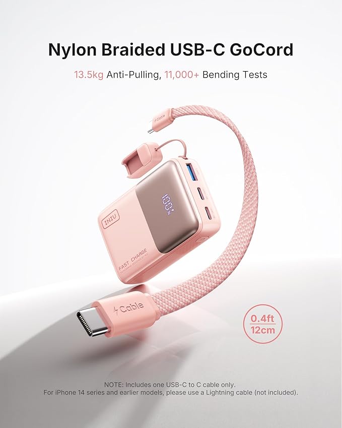 INIU Portable Charger, Ultra Mini 10000mAh 45W Fast Charging Power Bank, USB C Battery Pack with Cable, Flight-Safe Travel Powerbank for Women, Influencer, Student, Young People,Travel, Light Pink
