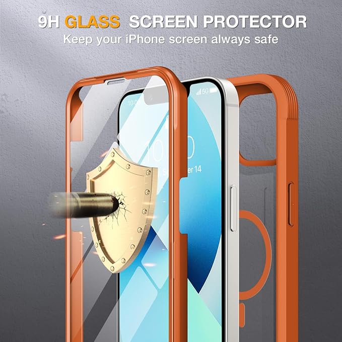 Miracase for iPhone 13 mini Case 5.4",Full-Body Protection,Clear Bumper Case with Built-in 9H Tempered Glass Screen Protector,Military-Grade Drop Protection Outdoor Phone Case for 13 mini,Orange