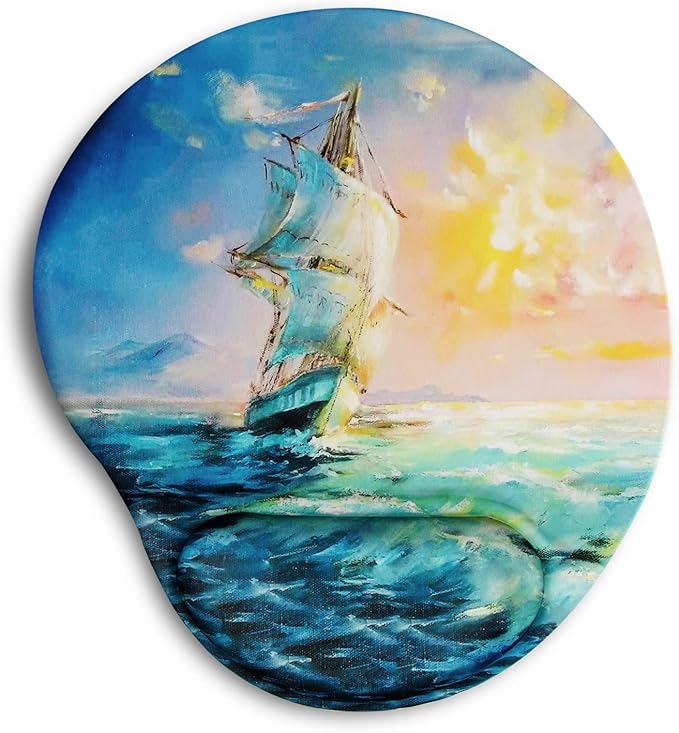 Ergonomic Mouse Pad with Wrist Support,Cute Mouse Pads with Wrist Rest,Comfortable Mouse Pad for Home Office Gaming Working Computers Laptop,Pain Relief with Non-Slip PU Base (Sailboat)