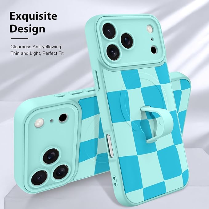 KANGHAR Compatible with iPhone 17 Pro Max Case, Support for MagSafe, Silicone Checkered Cute Pattern, Wristband Kickstand Camera Protection Soft Slim Cover for Girls Women -Blue