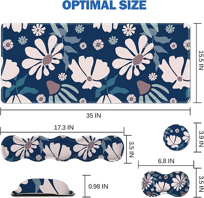 ARTSO Keyboard Mouse Pad Set, Blue Flower Large Gaming Mousepad +Keyboard Wrist Rest +Mouse Wrist Rest +Coaster, Ergonomic Mousepad Memory Foam Cushion for Home Office