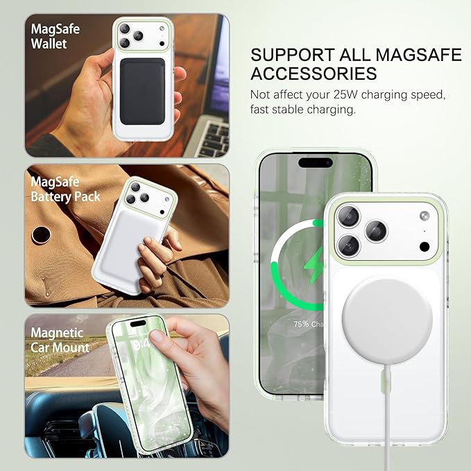 BENTOBEN Magnetic for iPhone 17 Pro Max Case 6.9", Compatible with Magsafe Shockproof Protective Bumper Cute Transparent Slim Anti-Yellowing Phone Case for iPhone 17 ProMax Cover, Clear Light Green