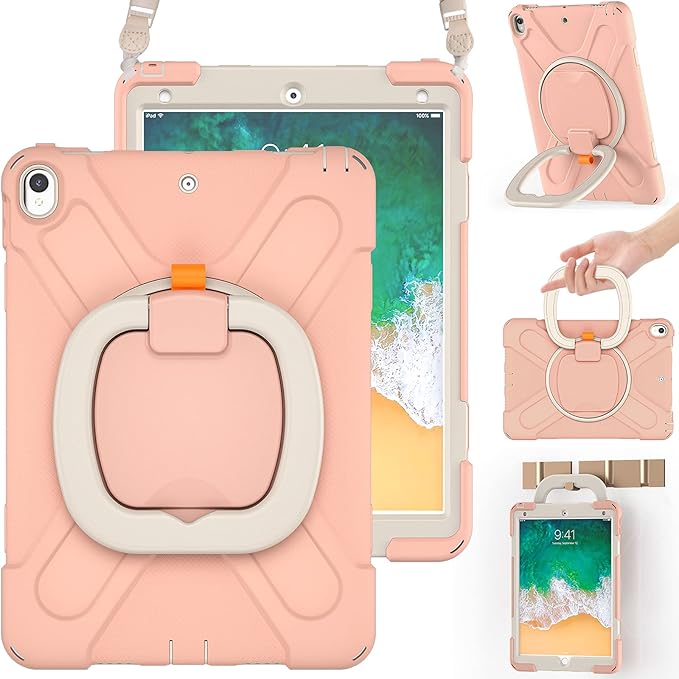 BRAECN Case for iPad Air 3, [Full-Body] [Drop-Proof] Silicone Case with 360°Rotating Hand Grip/Pencil Holder/Shoulder Strap/Stable Kickstand for iPad Air 3rd Generation 2019/ Pro 10.5 2017-Rose Gold