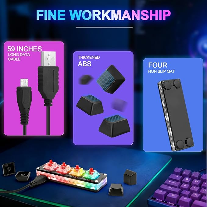 aikeec Black Mini 4-Key Keypad Mechanical Gaming Keyboard, Self Programming,OSU Hot Swap Game Keyboards with 1.5m USB-C Data Cable（Upgrade Cherry Shaft &RGB LED）
