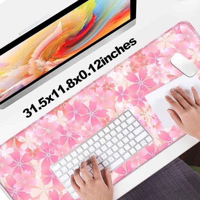 Japanese Cherry Blossom Gaming Desk Mat, Computer Keyboard Large Extended Flowers Mouse Pad for Office and Home, 31.5×11.8 Inches, XL, Pink