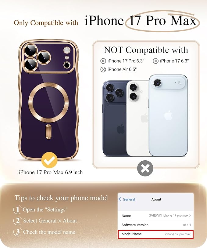 GVIEWIN for iPhone 17 Pro Max Case Compatible with MagSafe, Upgraded [Full Camera Protection][Cute Wave Frame][Military Grade Protection] Electroplated Hard Phone Cover for Women Girl, Purple