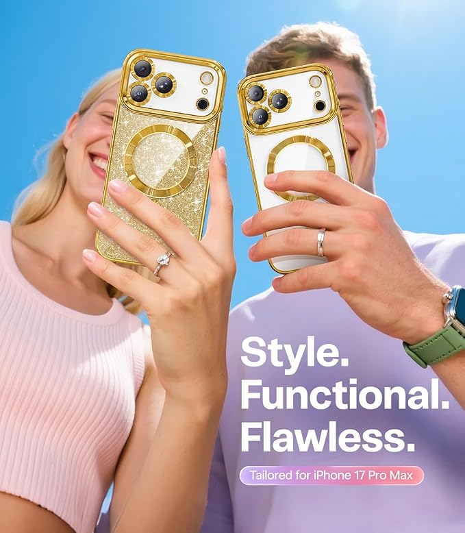 Meifigno Designed for iPhone 17 Pro Max Case 6.9", [Glitter Card & Wrist Strap] [Compatible with MagSafe] [2X HD Screen Protectors] Surround Raised Lens Protection for 17 ProMax Phone Case, Gold