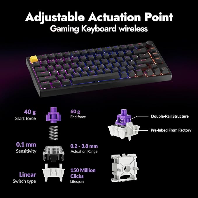 LEMOKEY P1 HE 75% Wireless Custom Mechanical Gaming Keyboard with Gateron Double-Rail Magnetic Switches Knob Version, QMK 2.4 GHz Bluetooth 5.2 RGB Backlight Compatible with Mac Windows Linux-Black