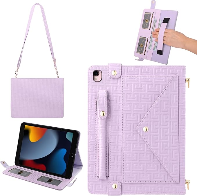 Handbag Case for iPad 9th/8th/7th Gen 10.2", iPad Air 3 2019/iPad Pro 10.5 Case, Techcircle Elegant Crossbody Folio Stand Wallet Case w/Pencil Holder, Card Slots, Hand Strap, Shoulder Strap, Lavender