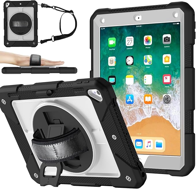 MENZO Shockproof Case for iPad 5th Gen/6th Gen/Air 2/Pro 9.7-inch with 360° Swivel Stand, Pencil Holder, Detachable Hand and Shoulder Strap, Black+Grey