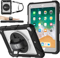 MENZO Shockproof Case for iPad 5th Gen/6th Gen/Air 2/Pro 9.7-inch with 360° Swivel Stand, Pencil Holder, Detachable Hand and Shoulder Strap, Black+Grey