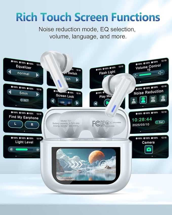 Wireless Earbuds Bluetooth Headphones, ANC/ENC Noise Cancelling, Ear Buds with Multifuntional Touch Screen, 40H Stereo Sound for Sports, IPX7 Clear Calls, 5 EQ for iOS Android (Light Gray)