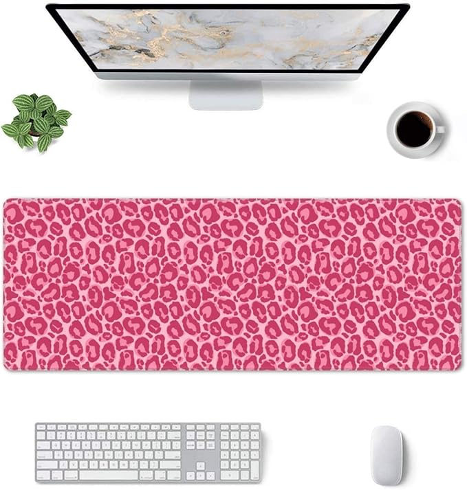 Pink Leopard Print XL Large Mouse Pad with Stitched Edges Long Non-Slip Rubber Base Mousepad Laptop Keyboard Mat Desk Pad for Office Home Desk Decor, 31.5" X 11.8"