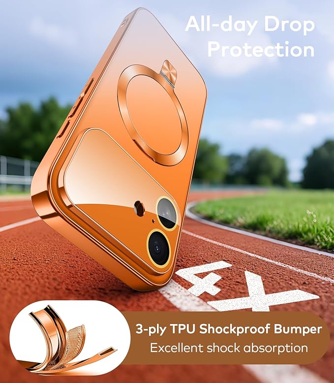 TOBOVON Magnetic for iPhone 17 Case with Ring Stand, Fits MagSafe, with Built-in Camera Lens Protector, Slim Electroplated Shockproof Phone Cover, Orange