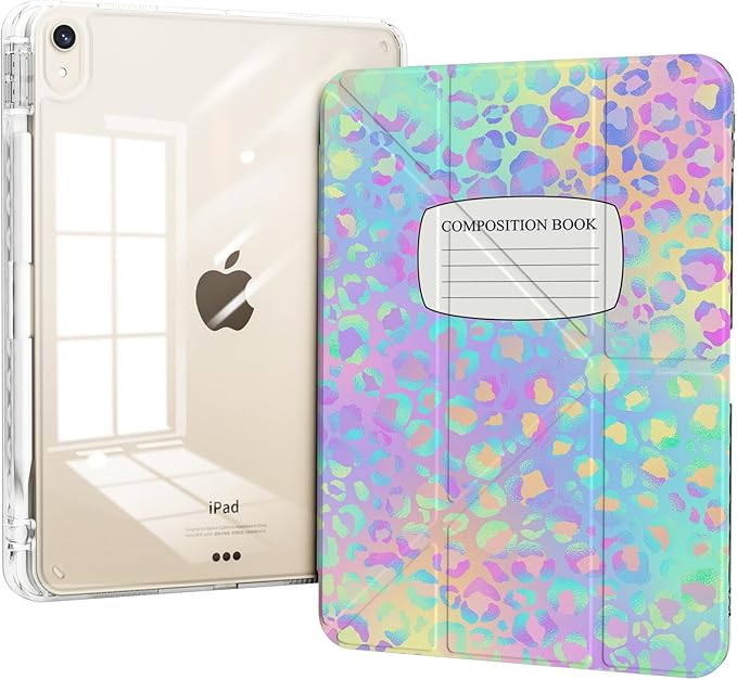 Case for iPad Air 11 Inch M4/M3/M2 (2026/2025)/2024, iPad Air 5th/4th Generation 10.9" Case Cheetah, Clear Back Cover with Penci Holder, Origami Multi-Angle Stand, Composition Book