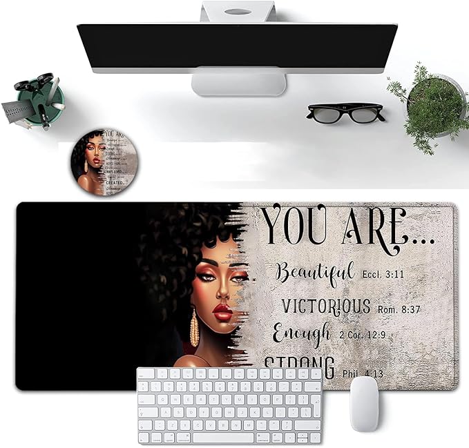 Large Mouse Pad, 31.5 x 11.8in Extended Gaming Mouse Pad with Stitched Edges, XXL Mousepad Protector Non Slip Rubber Base for Office & Home Writing Mat,African American Women Black Girl Black Desk Mat