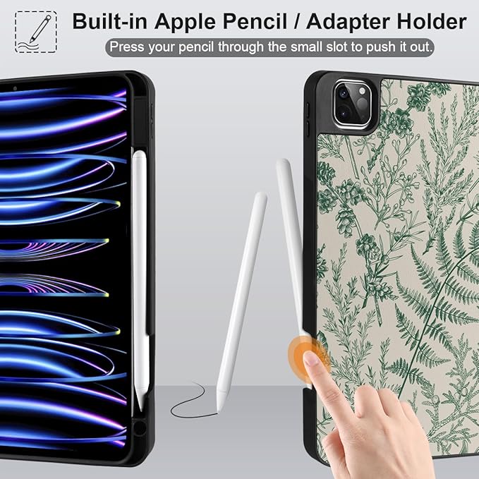 DONGKE Case for iPad Pro 12.9 inch 6th Generation 2022, Built-in Pencil Holder + Trifold Stand + Auto Wake/Sleep + Protective Cover for iPad Pro 12.9 5th/4th/3rd Gen- Plant & Berry