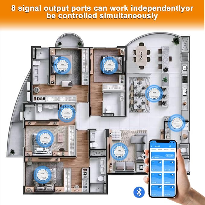 PAUTIX SP608E SPI Pixel LED Controller with 8 Signal Outputs,Work with RGB Smart IC COB LED Strips,Built-in Mic/AUX Music Bluetooth for WS2811 LED Module Pixel Strip Light APP/Remote/Trigger Control