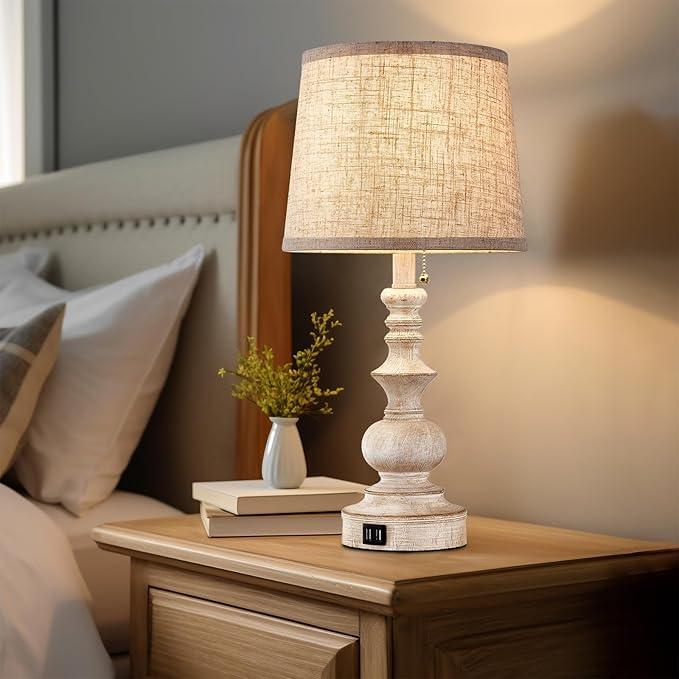 Drawealth Table Lamps for Bedrooms Set of 2 Farmhouse Bedside Lamps for Nightstand with USB Charging Ports Traditional Side Table Lamps for Living Room Wooden Finish, Pull Chain, Bulbs Not Included