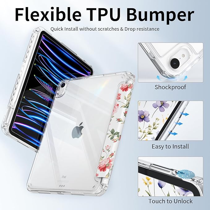 for iPad Air 11 Inch M4 (2026)/ M3 (2025)/ M2 (2024) Case, iPad Air 10.9" 5th/4th Generation Case 2022/2020 with Pencil Holder, Slim Trifold Stand Clear Back Cover, Pink Roses