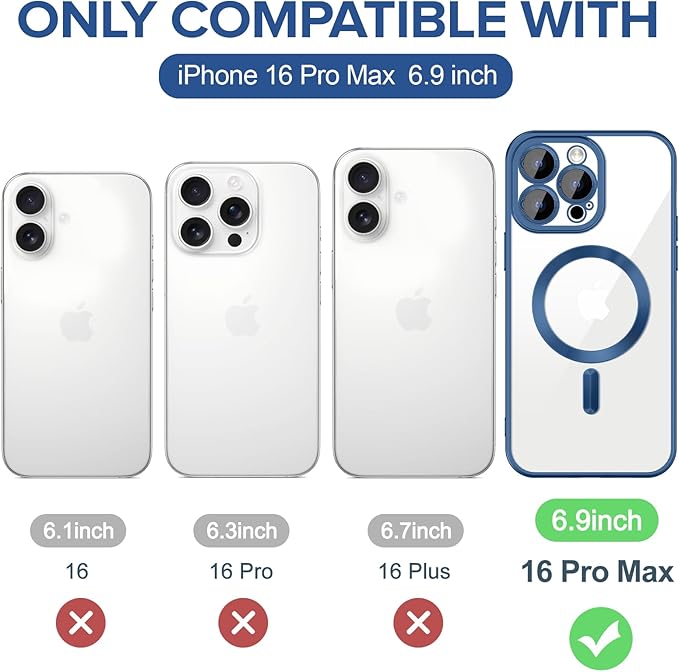 Hython Magnetic Clear for iPhone 16 Pro Max Case with Camera Lens Protector [Compatible with MagSafe] Plating Edge Slim Soft TPU Cover Protective Phone Case for iPhone 16 Pro Max, Matte Deep Blue