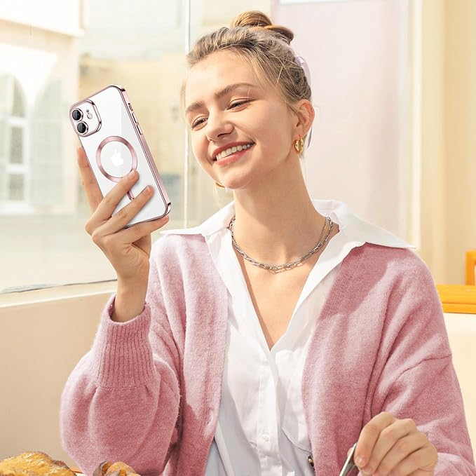 Hython Magnetic Clear for iPhone 11 Case with Camera Lens Protector [Compatible with MagSafe] Luxury Plating Edge Slim Soft TPU Cover Protective Phone Case for iPhone 11 6.1", Pink