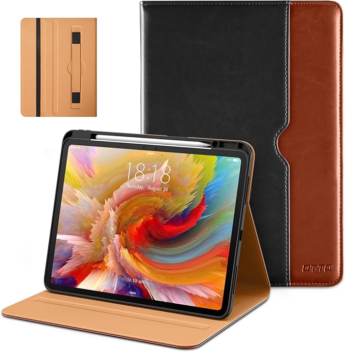 DTTO for iPad Pro 13 inch Case (M5/M4) 2025/2024, Premium Leather Business Folio Stand Cover with Pencil Holder - Auto Wake/Sleep & Multiple Viewing Angles, Built in Hand Strap & Pocket, Black Brown