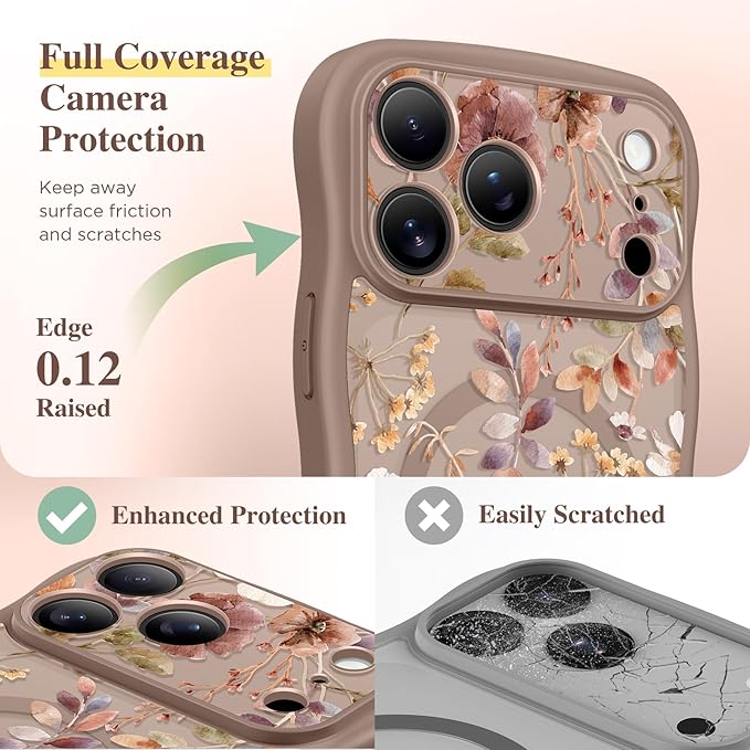 GVIEWIN for iPhone 17 Pro Case Compatible with MagSafe [Curly Wave Edge][Full Camera Protection] Floral Translucent Shockproof Magnetic Women Phone Case for iPhone 17 Pro 6.3'', Corn Poppy/Brown