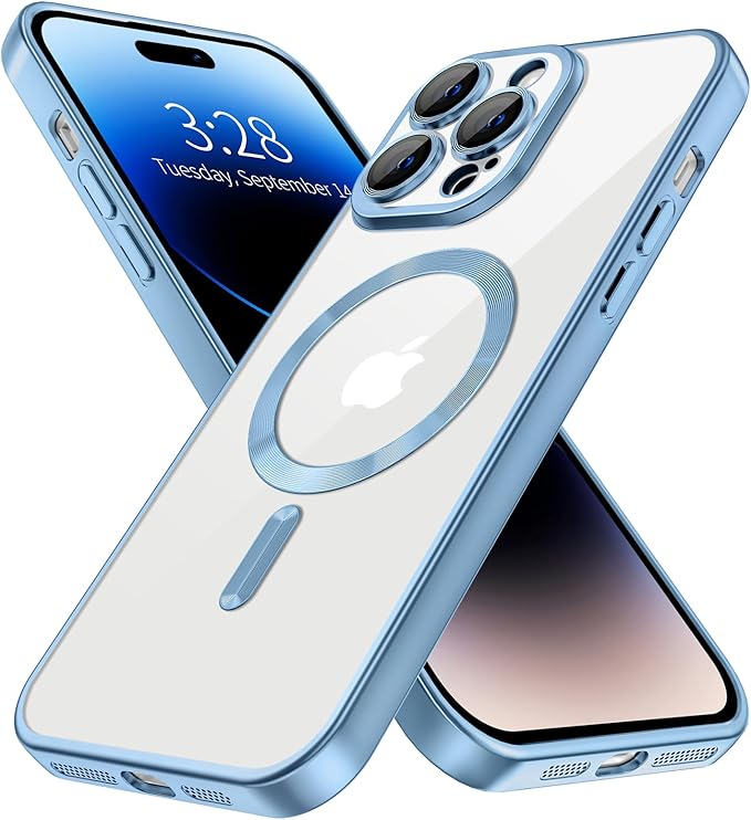 Hython Magnetic Clear for iPhone 14 Pro Case with Camera Lens Protector [Compatible with MagSafe] Luxury Plating Edge Slim Soft TPU Cover Protective Phone Case for iPhone 14 Pro, Matte Light Blue