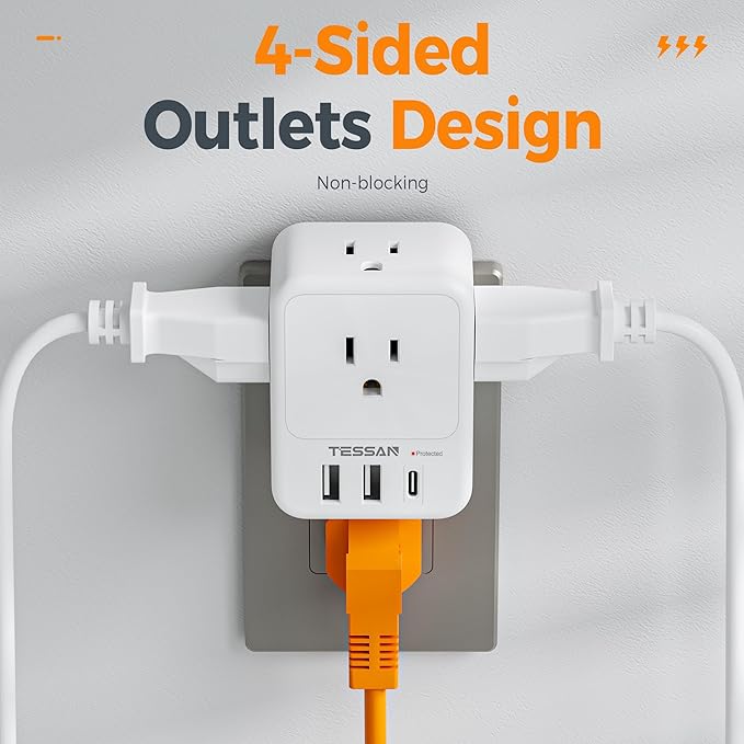 TESSAN Surge Protector Wall Outlet Extender, Multi Plug Outlet Splitter with 3 USB Charging Blocks(1 USB C), Multi Plug Wall Charger for Home, Office, School, College Dorm Essentials, White