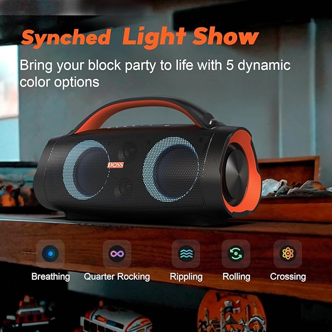 DOSS Extreme Boom Pro 100W Loud Outdoor Speaker, 2+2 Channel, IPX6 Waterproof, Bluetooth 5.3, 20H Playtime, Dynamic RGB Lights, Portable Speaker for Camping, Beach, Pool, Working Outside - Orange