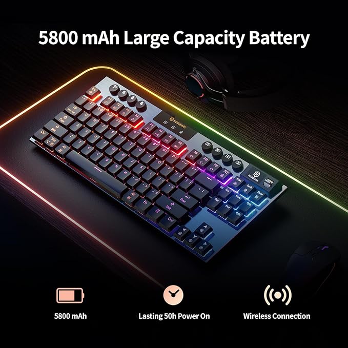 Hexgears Immersion A3 Low-Profile Wireless Mechanical Keyboard, TKL Hot-Swappable Aluminum Gaming Keyboard, BT5.0/2.4GHz/USB-C Clicky Switches, RGB Backlit, TFT Screen & 5800mAh Battery for Pc/Mac