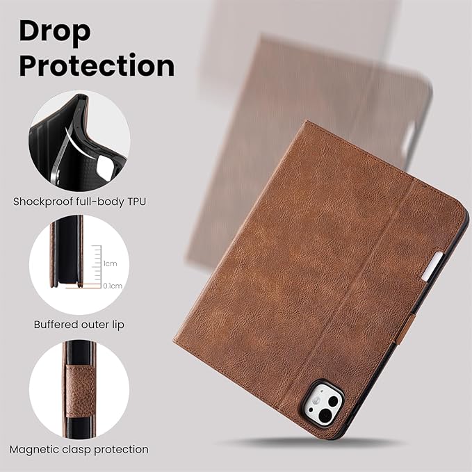 Handmade Case for iPad Pro 11 Inch (M5/M4) 2025/2024 with Pencil Holder Pocket,Magnetic Closure,Auto Sleep/Wake,Vegan Leather Folio Protective Cover,Multi Angles Stand,Dark Brown