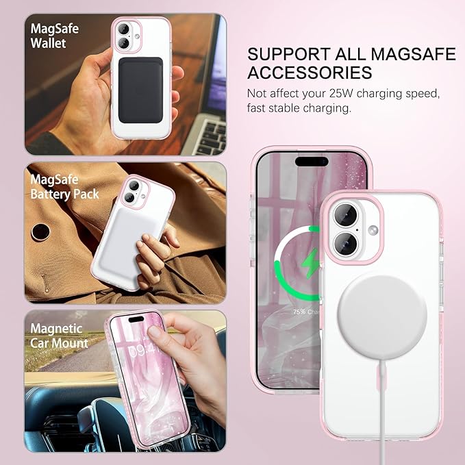 BENTOBEN Magnetic for iPhone 17 6.3" Case, Compatible with Magsafe Military Shockproof Protective Bumper Cute Transparent Slim Anti-Yellowing Women Girl Men Phone Case for iPhone 17 Cover, Clear Pink