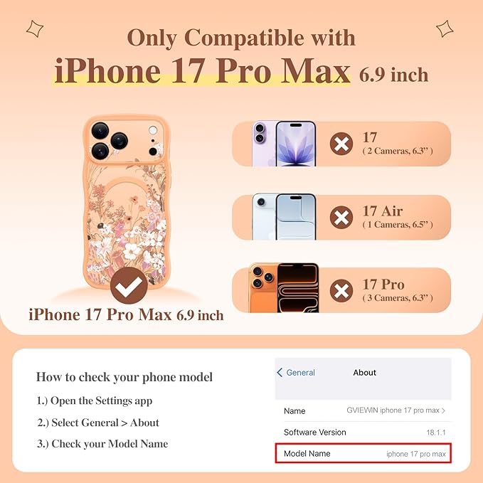 GVIEWIN for iPhone 17 Pro Max Case Compatible with MagSafe [Curly Wave Edge][Full Camera Protection] Floral Translucent Shockproof Magnetic Women Phone Case for 17 Pro Max, Campanula/Orange