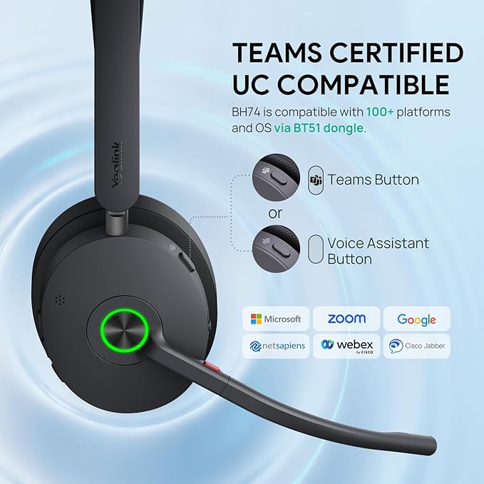 Yealink BH74 UC ANC Bluetooth Headset with Microphone for Hybrid Work, Microsoft Teams Premium Open Ofﬁce Certified Headsets with 6-mics Active Noise Cancellation, Zoom Certified, 65H Battery