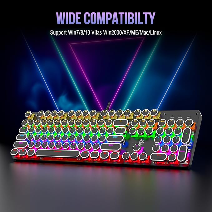 Typewriter Mechanical Gaming Keyboard with RGB Backlit Red Switches, 104 Keys Retro Round Keycap, Wired Typewriter Style Comfortable Typing Soud (L-Black)
