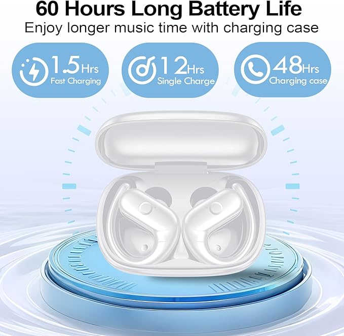 xiwxi Wireless Earbuds Bluetooth Headphones,Over Ear Buds for Sport with Deep Bass Sound,60Hrs Playtime Earphones Designed Comfort Fit with Earhooks for Running,Meeting,Workout-White