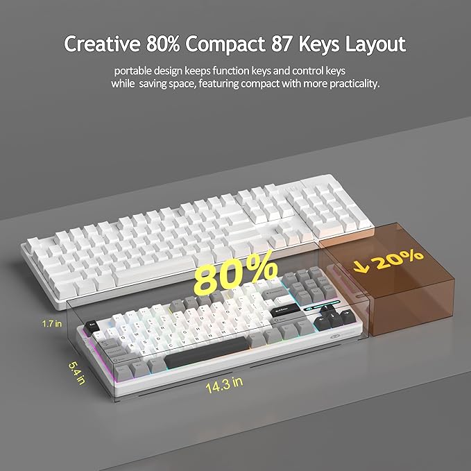 MageGee LIGHT87 Wireless Creamy Keyboard, Gasket Structure Hot Swappable Mechanical Keyboards, 2.4G/USB-C/BT5.0 RGB Backlit Gaming Keyboard for Win/Mac/PC, 8000mAh Battery, PBT Keycaps, Grey