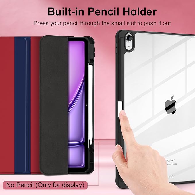 Case for iPad Air 13 inch M4 2026 M3 2025 M2 2024 Release with Pencil Holder Clear Back Shell Lightweight Shockproof TPU Edge Trifold Stand Auto Wake Sleep Cute Cover, Red Blue Stripes