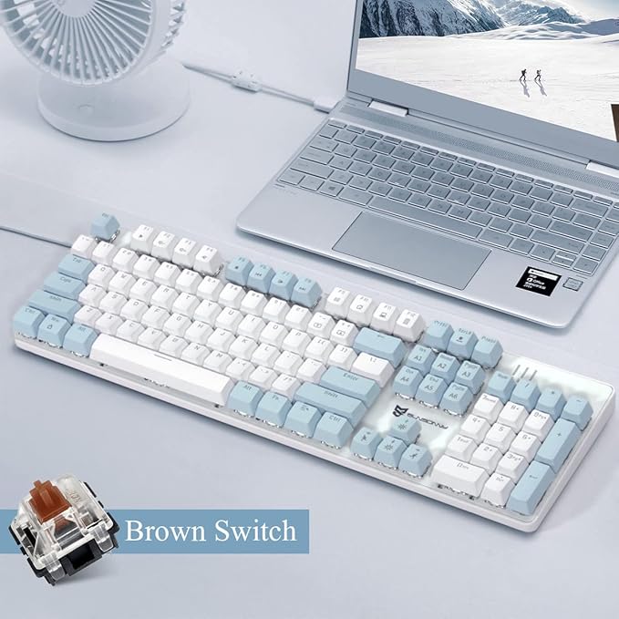 Qisan 104 Mechanical Keyboard for Gaming | Large Size USB White Backlit Gaming Keyboard Wired | US Layout Brown Switches Hot Swappable Mechanical Clicky Keyboards Compatible with PC & Laptop