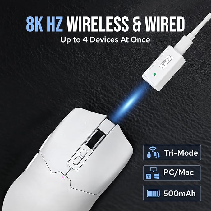 EPOMAKER Click Gaming Mouse Wireless 2.4Ghz/BT/Type-C, 800 to 42,000 DPI Adjustable, 8K Polling Rate, 500mAh, Lightweight Optical Mouse, for PC/Mac/Linux (White)